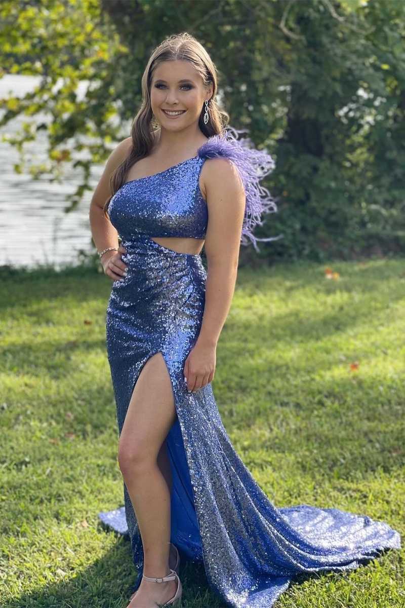 Cutout Light Blue One Shoulder Feathers Long Prom Dress
