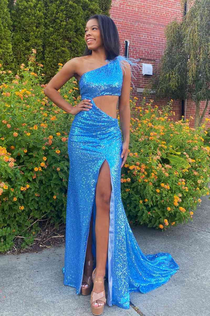 Cutout Light Blue One Shoulder Feathers Long Prom Dress