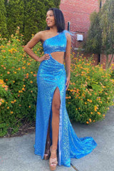 Cutout Light Blue One Shoulder Feathers Long Prom Dress