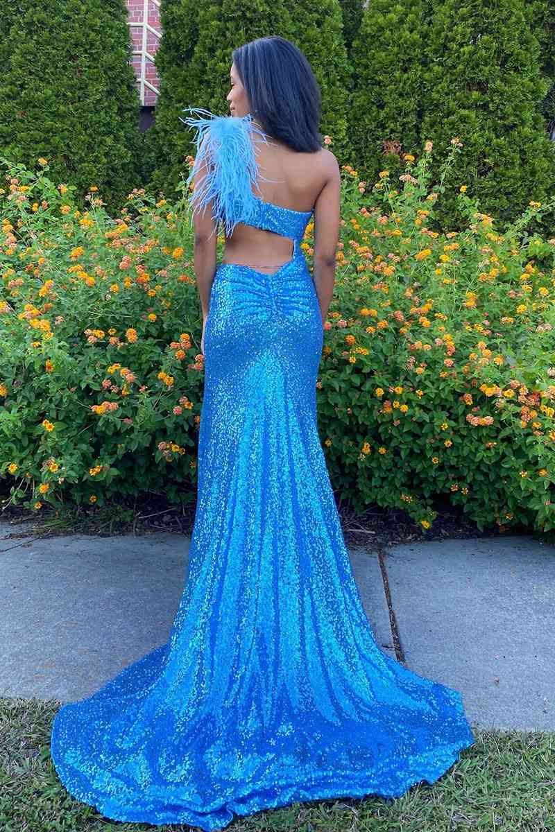 Cutout Light Blue One Shoulder Feathers Long Prom Dress