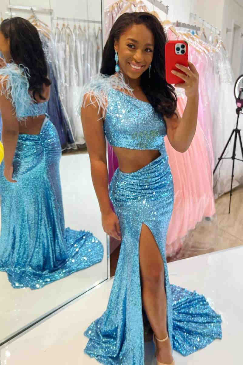 Cutout Light Blue One Shoulder Feathers Long Prom Dress