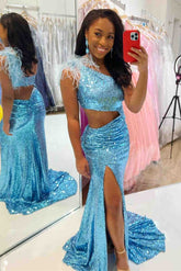 Cutout Light Blue One Shoulder Feathers Long Prom Dress