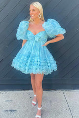 Dark Blue Puff Sleeves A-Line Floral Short Homecoming Dress with Ruffles