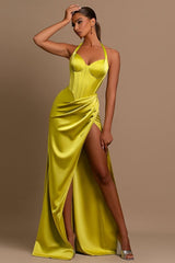 Daffodil Halter Ball Gown Long Prom Dress with Pleated Split