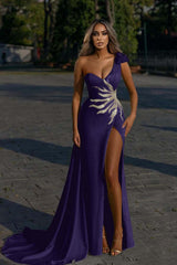 One Shoulder Mermaid Prom Dress with Beading Split