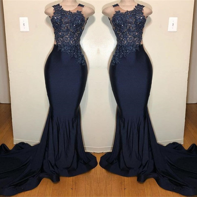 Dark Blue Appliqued Sleeveless Mermaid Prom Dress