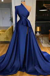 Dark Blue Long Sleeve Mermaid Prom Dress with Split