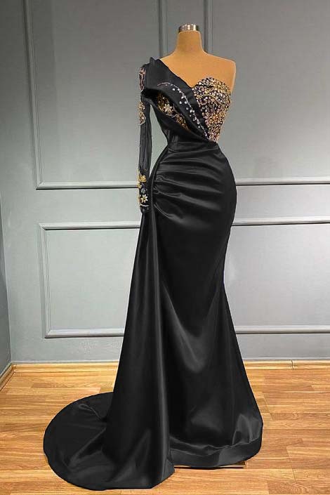 One Shoulder Long Sleeve Mermaid Long Prom Dress with Beading and Pleats
