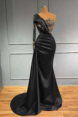 One Shoulder Long Sleeve Mermaid Long Prom Dress with Beading and Pleats