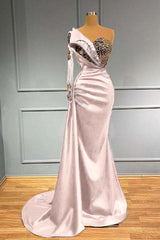 One Shoulder Long Sleeve Mermaid Long Prom Dress with Beading and Pleats