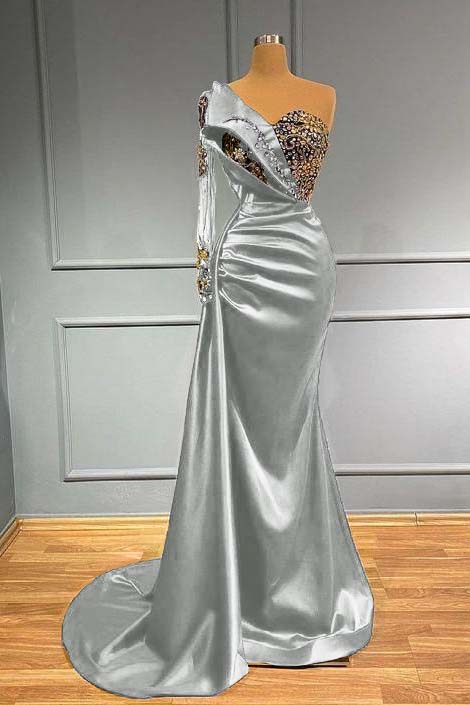 One Shoulder Long Sleeve Mermaid Long Prom Dress with Beading and Pleats