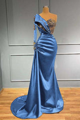 One Shoulder Long Sleeve Mermaid Long Prom Dress with Beading and Pleats