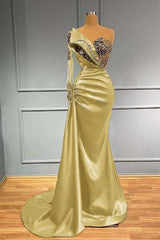 One Shoulder Long Sleeve Mermaid Long Prom Dress with Beading and Pleats
