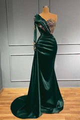 One Shoulder Long Sleeve Mermaid Long Prom Dress with Beading and Pleats