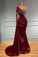 One Shoulder Long Sleeve Mermaid Long Prom Dress with Beading and Pleats