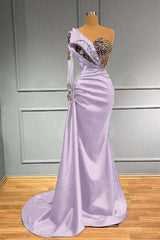 One Shoulder Long Sleeve Mermaid Long Prom Dress with Beading and Pleats