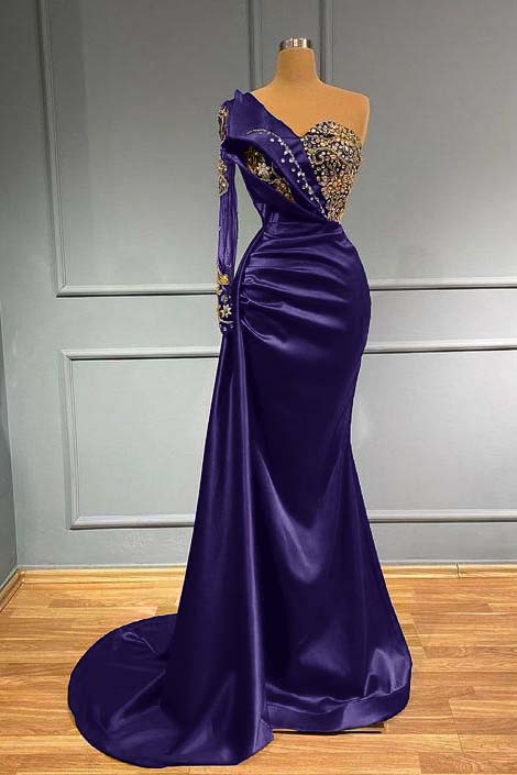 One Shoulder Long Sleeve Mermaid Long Prom Dress with Beading and Pleats