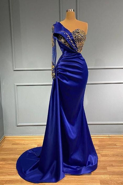 One Shoulder Long Sleeve Mermaid Long Prom Dress with Beading and Pleats