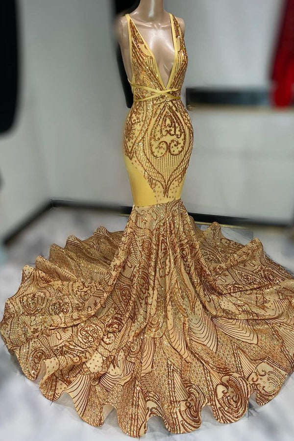 Dark Gold Sleeveless Sequin Prom Dress with V-Neck