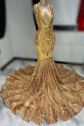 Dark Gold Sleeveless Sequin Prom Dress with V-Neck