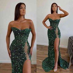 Dark Green Evening Dress with Sequins Sleeveless Slit Strapless
