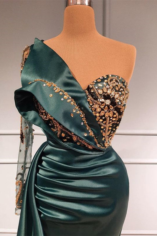 Dark Green Long Sleeve Mermaid Long Prom Dress with Beading and Appliques