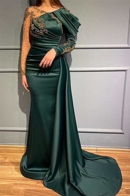 Dark Green Long Sleeve Mermaid Long Evening Dress with Beading Appliques