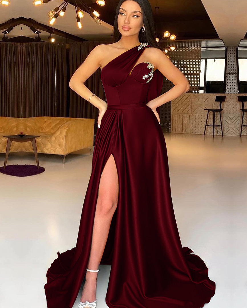 Dark Green One-Shoulder Mermaid Evening Dress with Split and Beadings