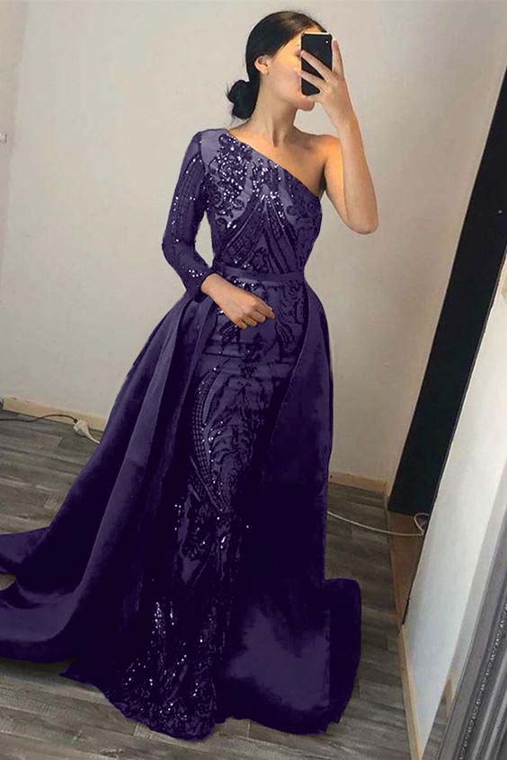 One Shoulder Long Sleeve Mermaid Prom Dress with Sequins