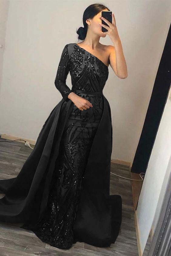 One Shoulder Long Sleeve Mermaid Prom Dress with Sequins