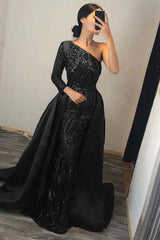 One Shoulder Long Sleeve Mermaid Prom Dress with Sequins