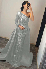 One Shoulder Long Sleeve Mermaid Prom Dress with Sequins