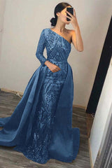 One Shoulder Long Sleeve Mermaid Prom Dress with Sequins