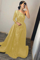 One Shoulder Long Sleeve Mermaid Prom Dress with Sequins