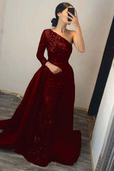 One Shoulder Long Sleeve Mermaid Prom Dress with Sequins