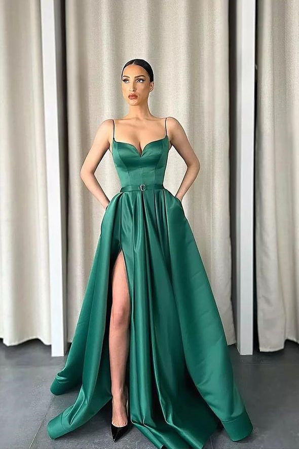 Dark Green V Neck Spaghetti Strap A-Line Long Prom Dress with Split Babyonlines Dark Green V Neck Spaghetti Strap A-Line Long Prom Dress with Split Babyonlines