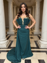 Dark Green Strapless Satin Long Evening Dresses with Floral Applique