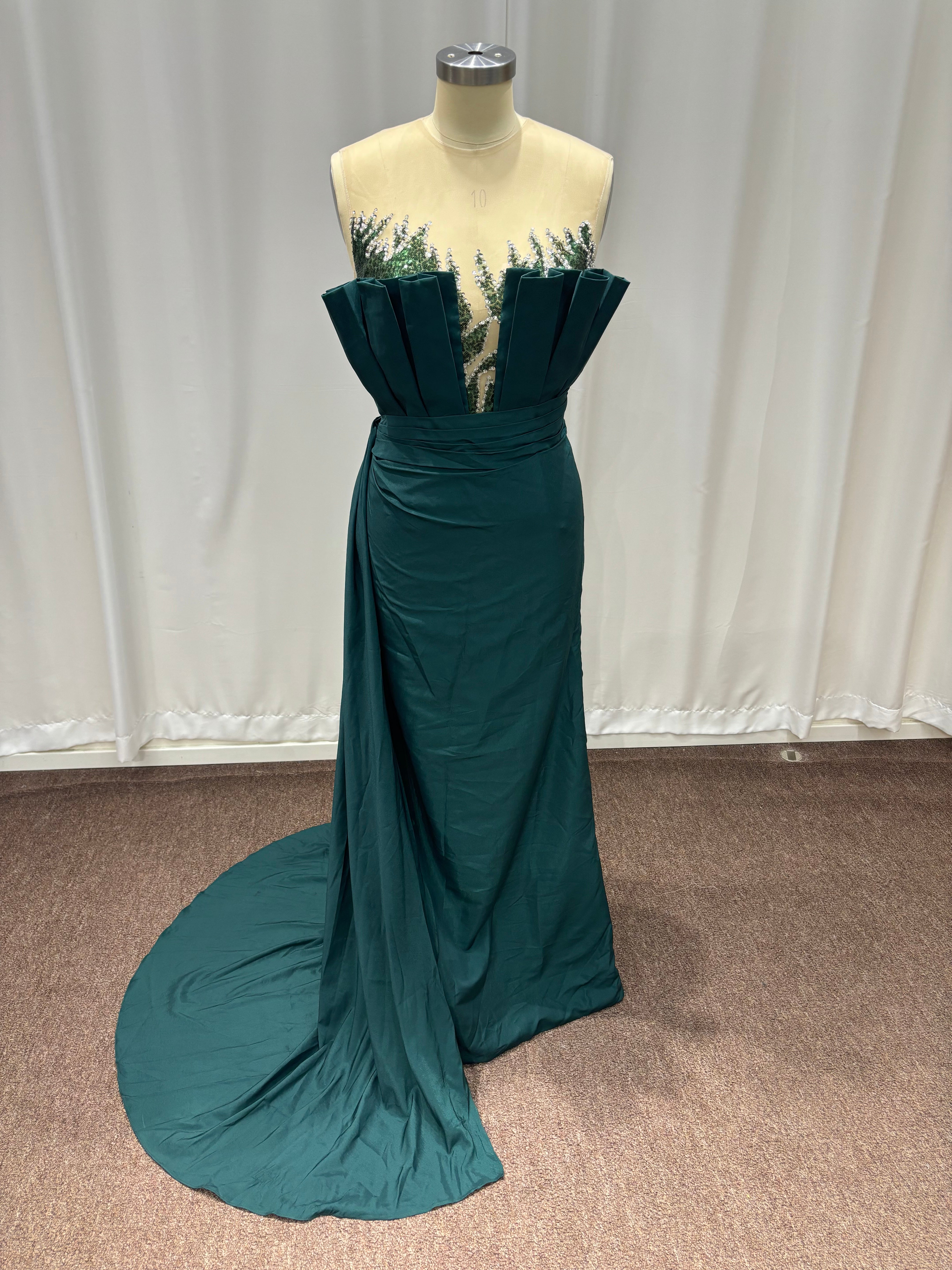 Dark Green Strapless Satin Long Evening Dresses with Floral Applique