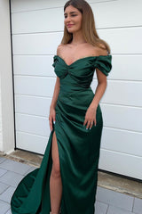 Dark Green Sweetheart Mermaid Prom Dress with Front Split and Off-The-Shoulder Beadings