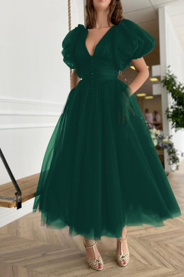 Dark Green V-Neck Evening Dress A-Line with Short Sleeves on Sale