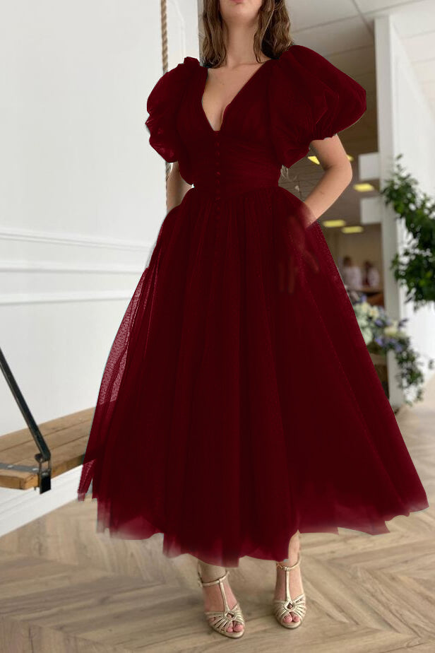 Dark Green V-Neck Evening Dress A-Line with Short Sleeves on Sale