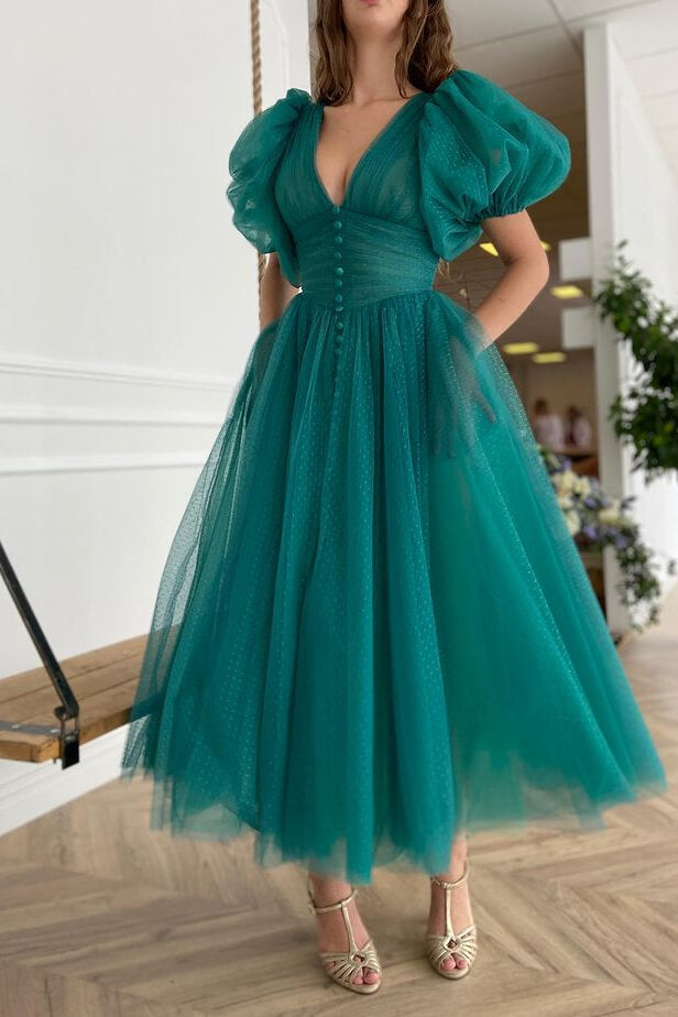 Dark Green V-Neck Evening Dress A-Line with Short Sleeves on Sale