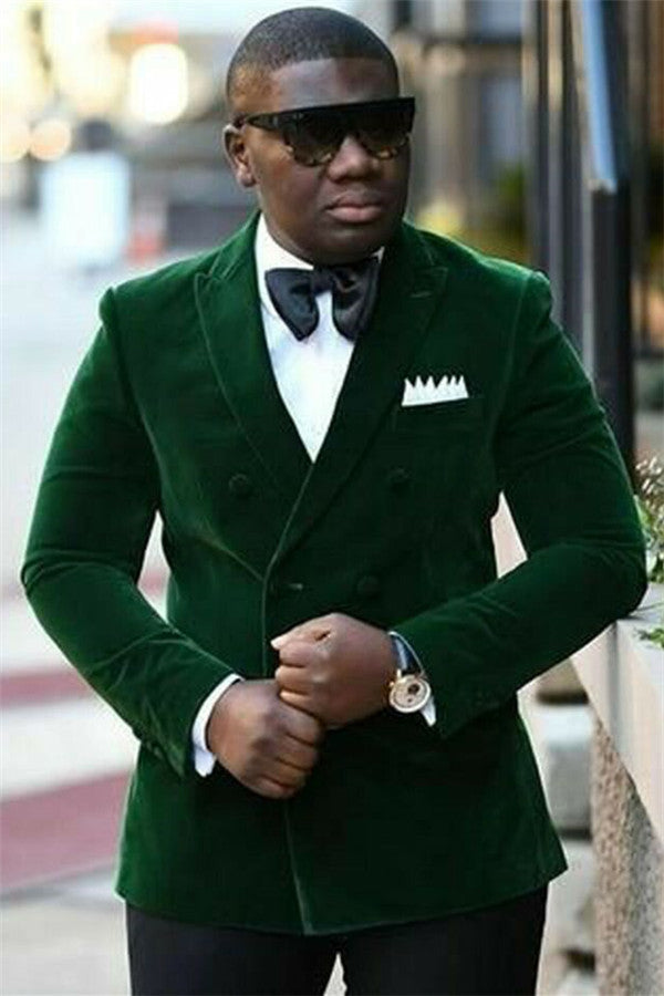 Dark Green Velvet Marriage Blazer Suit - Peaked Lapel with Double Breasted, Newest