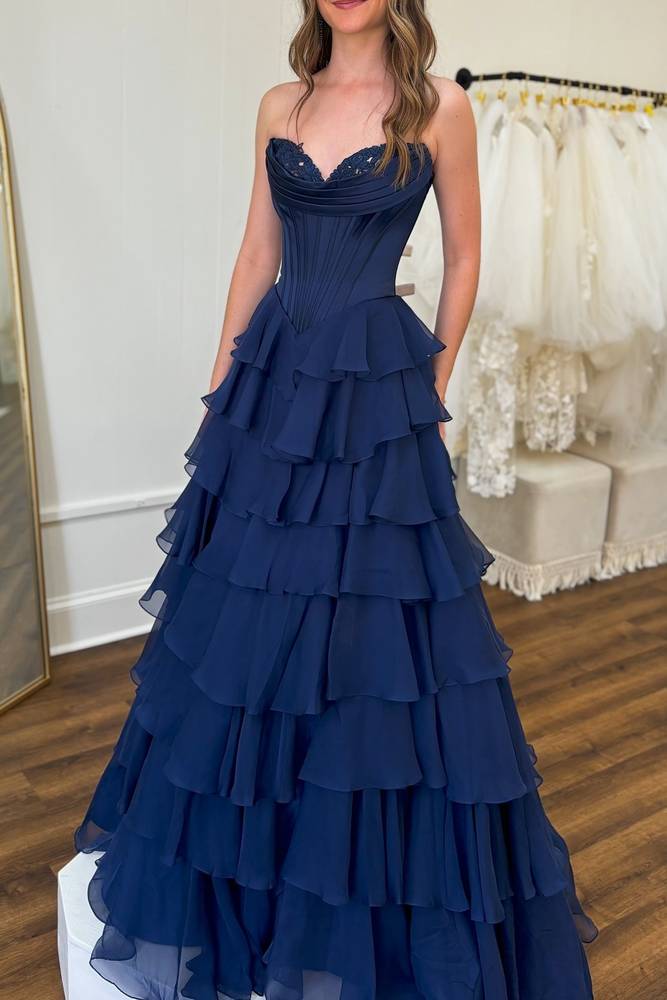 Dark Navy Strapless Pleated Prom Dress with Ruffle