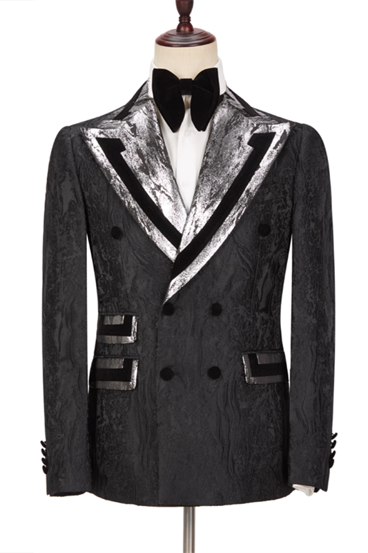 David Stylish Black Double-Breasted Peaked Lapel Wedding Suit for Groom 2024