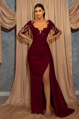Deep V Neck Long Sleeve Pleated Prom Dress with Ruffles Appliques
