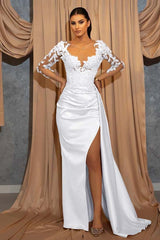 Deep V Neck Long Sleeve Pleated Prom Dress with Ruffles Appliques