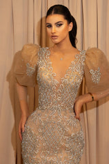 Deep V Neck Long Sleeve Pleated Prom Dress with Ruffles Appliques