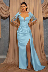 Deep V Neck Long Sleeve Pleated Prom Dress with Ruffles Appliques