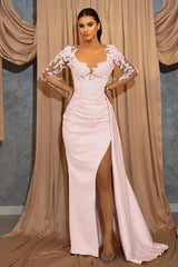 Deep V Neck Long Sleeve Pleated Prom Dress with Ruffles Appliques